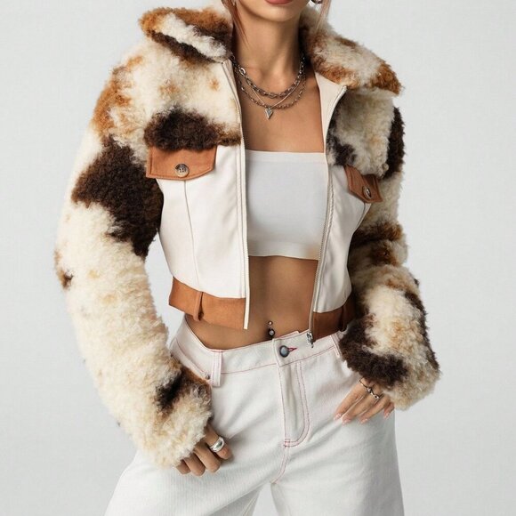 western Casual Women's faux Leather & faux Fur Patchwork Cropped Jacket, - Picture 5 of 8